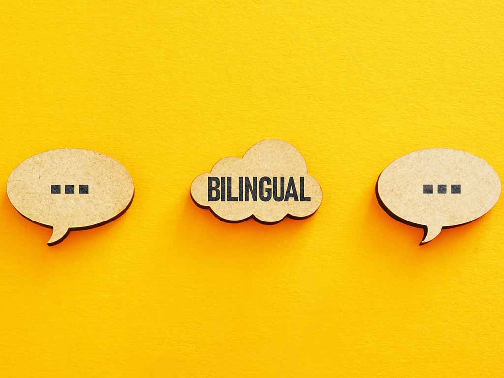 Bereichsstarter: Eine Holzplakette auf der der Schriftzug "Bilingual" steht... 